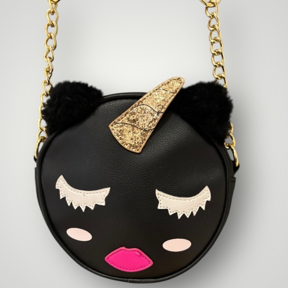 Betsey Johnson Black Round Unicorn Kitty Unikitty Canteen Crossbody Shoulder Bag